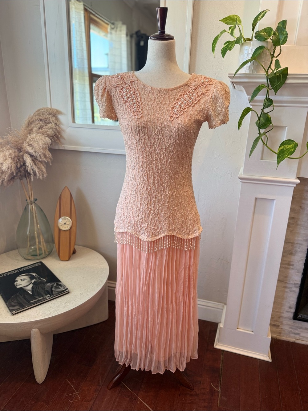 Vintage Elegant Peach Colored Lace & Pleated Midi Dress